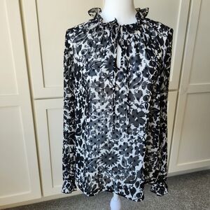 Boden Maddie Floral Top Black White Sheer Long Sleeve Ruffled Neck Tie Size 6